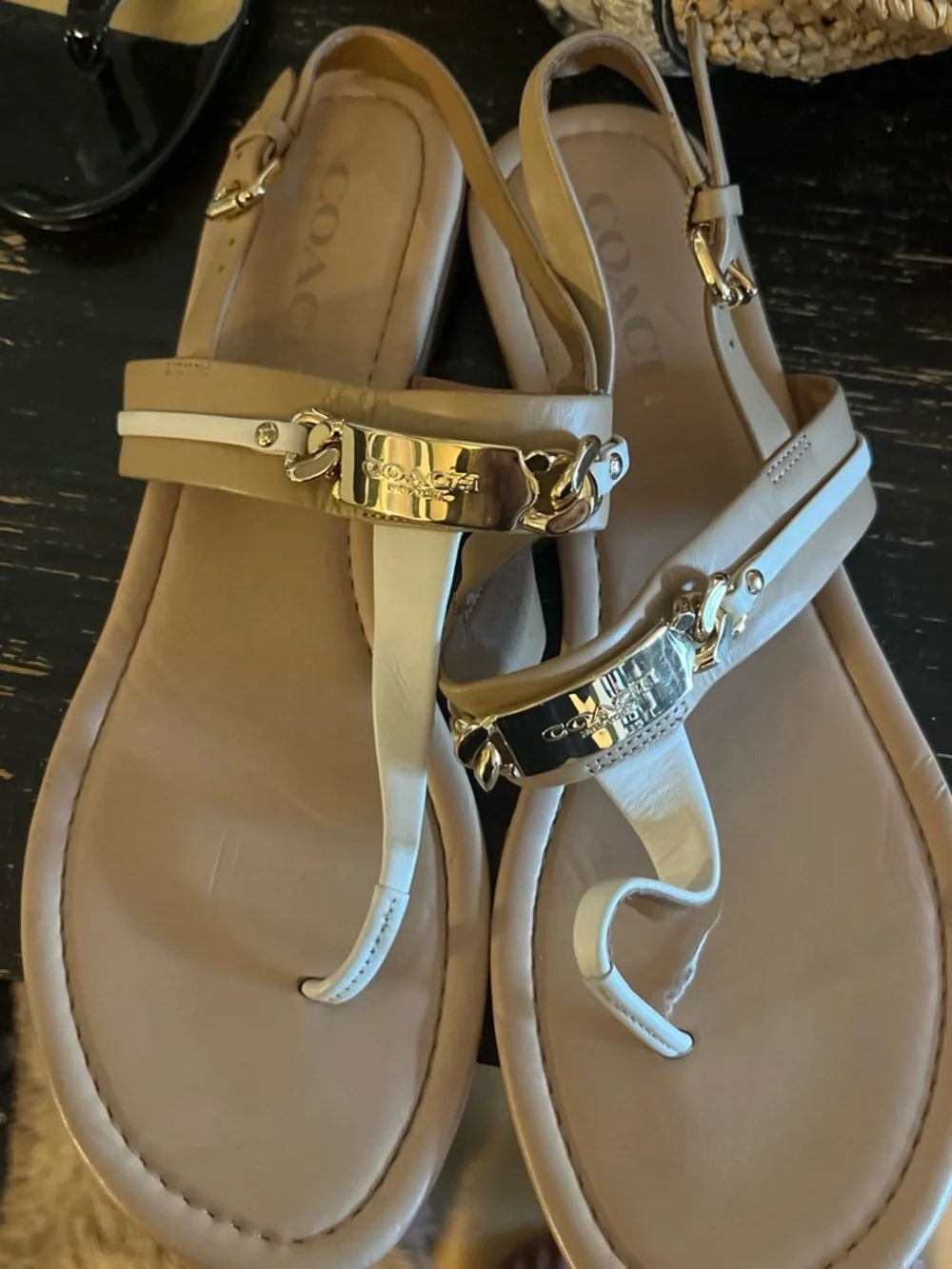 Coach Beige and White Leather T-Strap Sandals with Gold Plaque